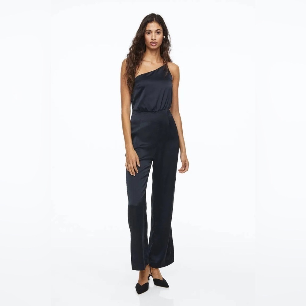 H&M Black Satin Asymmetrical One Shoulder Rhinestone Jeweled Strap Jumpsuit NWT - Picture 1 of 14